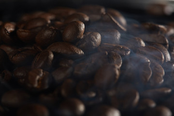 grains of coffee with smoke on a dark background