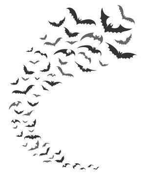 Bats swarm. Vector dark bats silhouettes swirl flying for nocturnal halloween october nature decoration