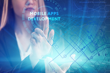 The concept of business, technology, the Internet and the network. A young entrepreneur working on a virtual screen of the future and sees the inscription: Mobile apps development