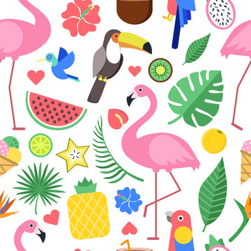Seamless pattern with various pictures of tropical flowers and other plants