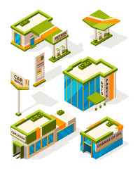 Buildings of gas service. Exterior of fuel station constructions. Isometric pictures set