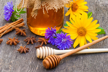 Honey in jar with honey spoon