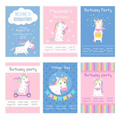 Fototapeta na wymiar Cards invitations. Design template cards with pictures of cute unicorns