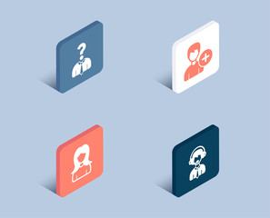 Set of Hiring employees, Add person and Woman icons. Shipping support sign. Human resources, Edit user data, Girl profile. Delivery manager.  3d isometric buttons. Flat design concept. Vector