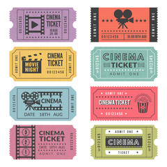 Template of cinema tickets. Vector designs of various cinema tickets with illustrations of video cameras and other tools - obrazy, fototapety, plakaty