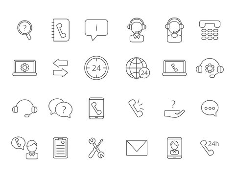 Call center support icons. Vector linear symbols isolate on white