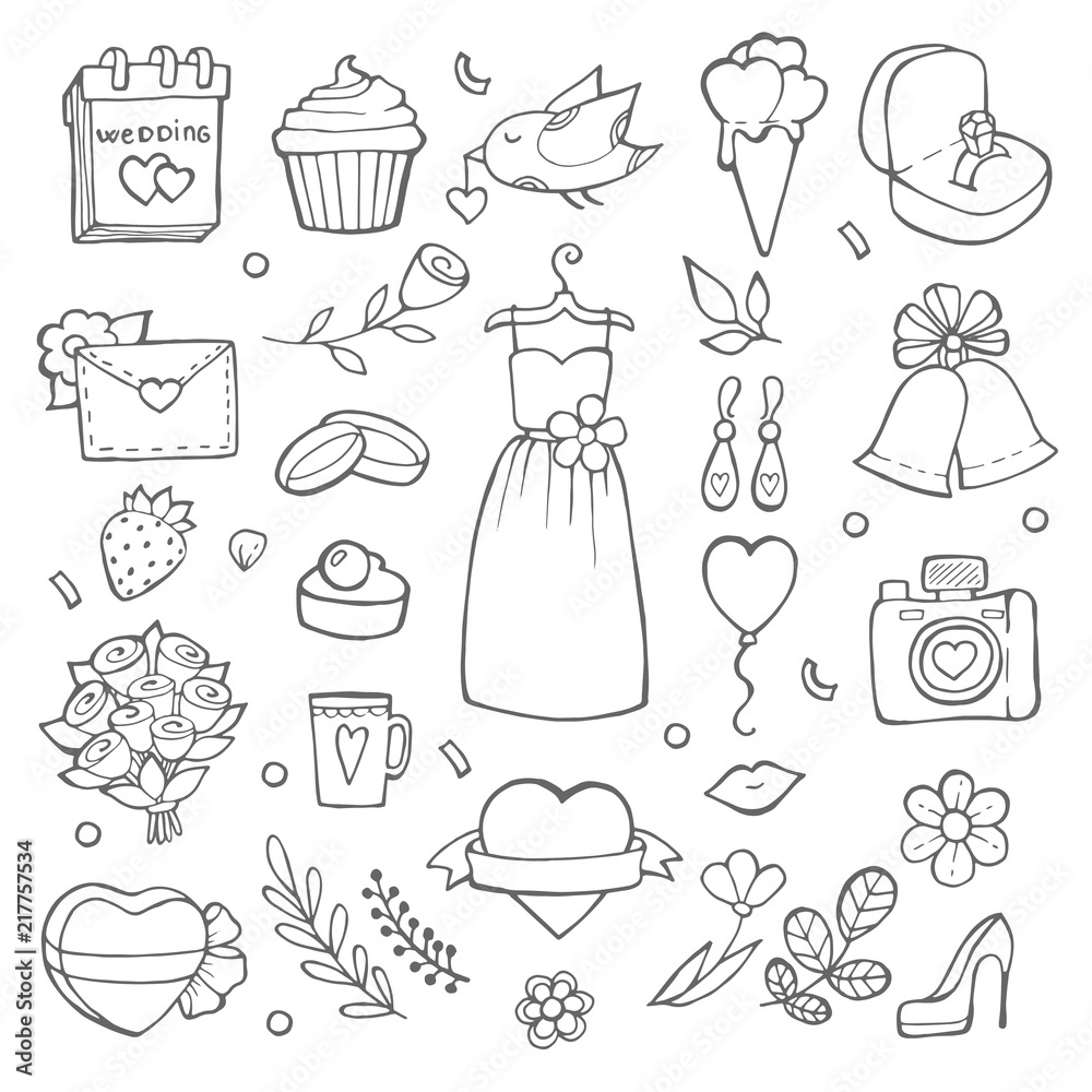 Sticker wedding day icons. various pictures of brides and wedding tools