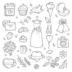 Wedding day icons. Various pictures of brides and wedding tools