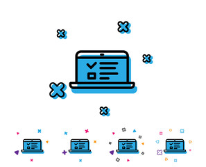 Online Education line icon. Notebook or Laptop sign. Web Presentation or Internet Lectures symbol. Line icon with geometric elements. Bright colourful design. Vector