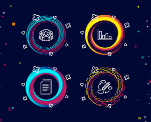 Set of Histogram, Copy files and Women group icons. Keywords sign. Economic trend, Copying documents, Lady service. Marketing strategy.  Circle banners with line icons. Gradient colors shapes. Vector - obrazy, fototapety, plakaty