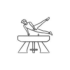 Gymnast performing on vaulting horse hand drawn outline doodle icon. Male gymnast, pommel horse concept. Vector sketch illustration for print, web, mobile and infographics on white background.