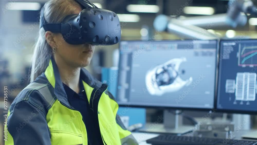 Poster Female Industrial Engineer Wearing Virtual Reality Headset and Holding Controllers, She Uses VR technology for Industrial Design, Development and Prototyping in CAD Software.