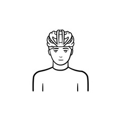 Man wearing bicycle helmet hand drawn outline doodle icon. Bicycle equipment, cycling and riding safety concept. Vector sketch illustration for print, web, mobile and infographics on white background.