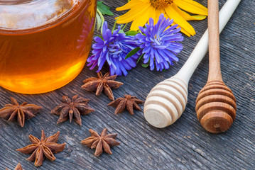 Honey in jar with honey spoon