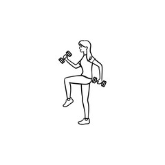 Fototapeta na wymiar Woman training with dumbbells hand drawn outline doodle icon. Fitness in gym, bodybuilding exercises concept. Vector sketch illustration for print, web, mobile and infographics on white background.