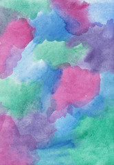 Colorful watercolor backdrop. Pink, green, blue, purple aquarelle background hand painted. Multicolored watercolour abstract painting