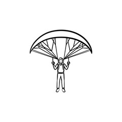 Skydiver flying with parachute hand drawn outline doodle icon. Skydiving activity, parachuting safety concept. Vector sketch illustration for print, web, mobile and infographics on white background