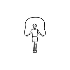 Sportsman skipping over jump rope hand drawn outline doodle icon. Fitness workout, bodybuilding concept. Vector sketch illustration for print, web, mobile and infographics on white background.