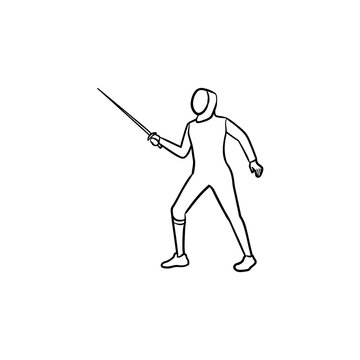 recommend clip art: Man practicing fencing hand drawn outline doodle icon. Fencing sportswear, sward, fencing competition concept. Vector sketch illustration for print, web, mobile and infographics on white background.