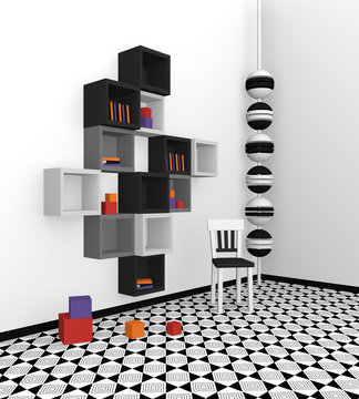 Modernes Wohnen: Regal aus Würfeln in schwarz, hellgrau und grau auf abstrakt gemusterten Boden.Seitenansicht, 3d render