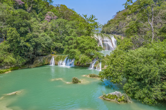 Amazing crystalline Blue water of Micos Waterfalls at Huasteca Potosina in San Luis Potosi, Mexico