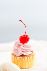 Single butter cup cake with strawberry cream and red cherry on table with blur background, bakery...
