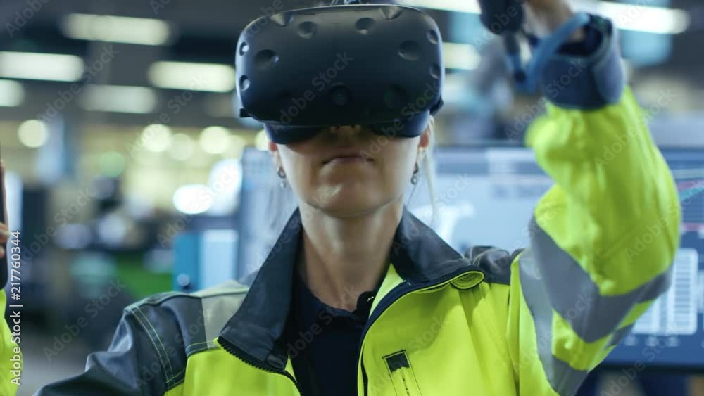 Poster Portrait Female Mechanical Engineer Wearing Virtual Reality Headset and Using Controllers, She Uses VR technology for Industrial Design, Development and Prototyping in CAD Software.  