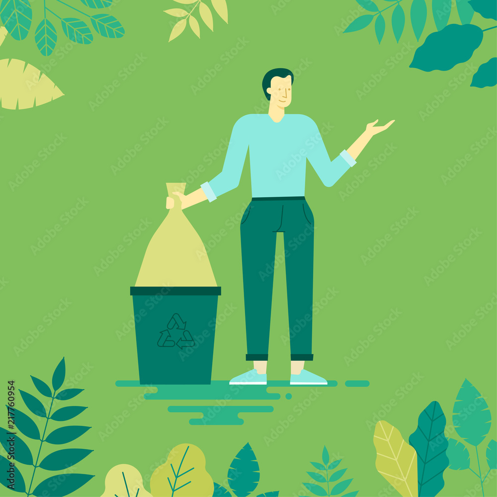 Poster Vector illustration in flat linear style -  recycle concept - characters holding boxes and bins and collecting trash for recycling