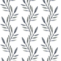 Simple green watercolor leaves and branches seamless pattern. Spring branches and leaves isolated on background.
