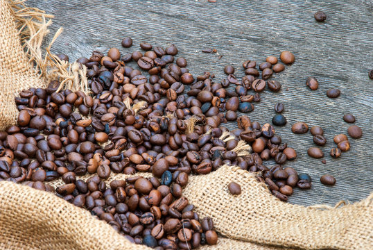 coffee beans on a rough sacking