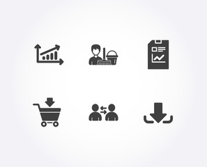 Set of Cleaning service, Report document and Communication icons. Chart, Online market and Download signs. Bucket with mop, Statistics file, Users talking. Presentation chart, Shopping cart, Load file