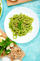 Italian pasta spaghetti with homemade basil pesto