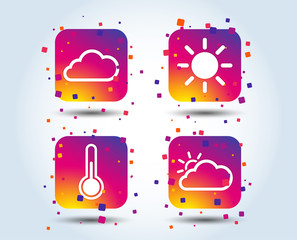 Weather icons. Cloud and sun signs. Thermometer temperature symbol. Colour gradient square buttons. Flat design concept. Vector