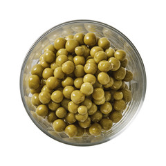 Green pea in glass bowl. Preparing ingredients for cooking. Isolated on white background. Top view.