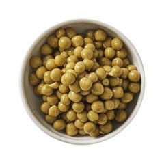 Green pea in bowl. Preparing ingredients for cooking. Isolated on white background. Top view.