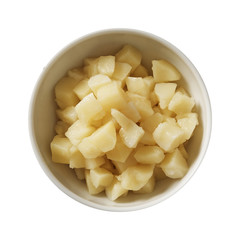 Potato on bowl. Preparing ingredients for cooking. Isolated on white background. Top view.