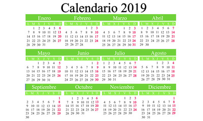 Spanish calendar 2019, calendar new year, calendar year 2019, calendar 2019