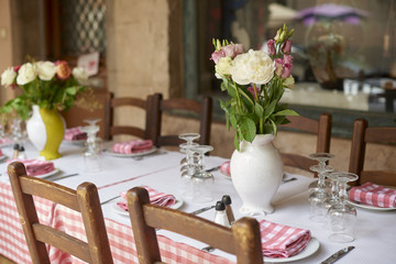 Outdoor tablet set. Restaurant table before lunch opening