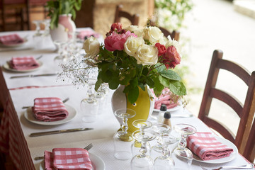 Outdoor tablet set. Restaurant table before lunch opening