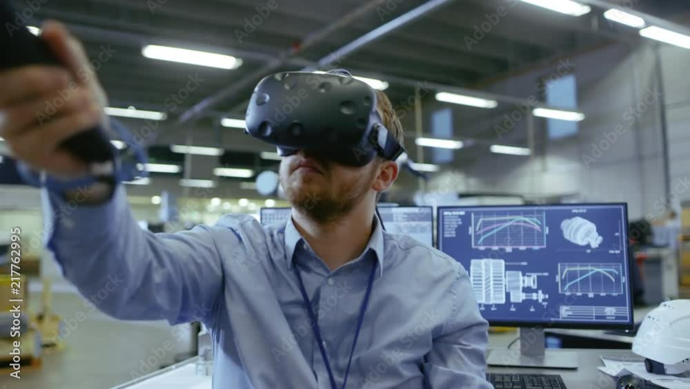 Poster Portrait Shot of Mechanical Engineer Wearing Virtual Reality Headset and Holding Controllers, She Uses VR technology for Industrial Design, Development and Prototyping in CAD Software.