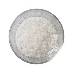 Salt in bowl. Preparing ingredients for cooking. Isolated on white background. Top view.
