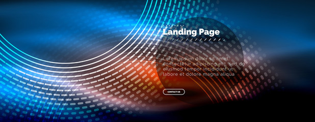 Obraz premium Neon glowing techno lines, hi-tech futuristic abstract background template with circles, landing page template
