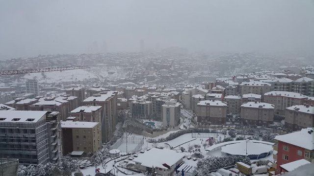 Snow Falling on City White Winter in Istanbul Turkey