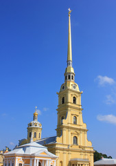 Peter and Paul Cathedral Architecture, Russian Orthodox Church in St. Petersburg, Russia. Located Inside the Peter and Paul Fortress, Close Up VIew of Famous Landmark, Built in 1733 on Hare Island.