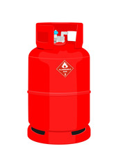 Red gas cylinder. Flammable propane bottled gas. Flat vector.