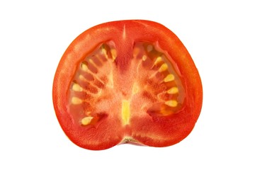 Tomato slice isolated on white background, top view. Fresh home-made vegetables. Growing tomatoes. Preparation of vegetable salad. Vegetarian food.