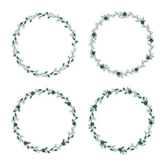 Set Eco-frame, round wreath for greeting card design, wedding invitations, logos, business cards, printed editions. Green botanical template with text. Flower elements, bushes, branches, leaves.