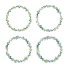 Set Eco-frame, round wreath for greeting card design, wedding invitations, logos, business cards, printed editions. Green botanical template with text. Flower elements, bushes, branches, leaves.