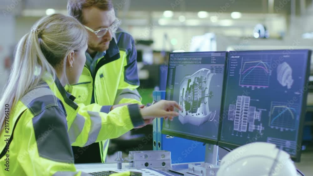 Poster At the Factory: Male Mechanical Engineer Holds Component while Female Chief Engineer Work on Personal Computer, They Discuss Details of the 3D Engine Model Design.