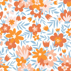 Fototapeta na wymiar Trendy seamless floral ditsy pattern. Fabric design with simple flowers. Vector cute repeated pattern for baby fabric, wallpaper or wrap paper.